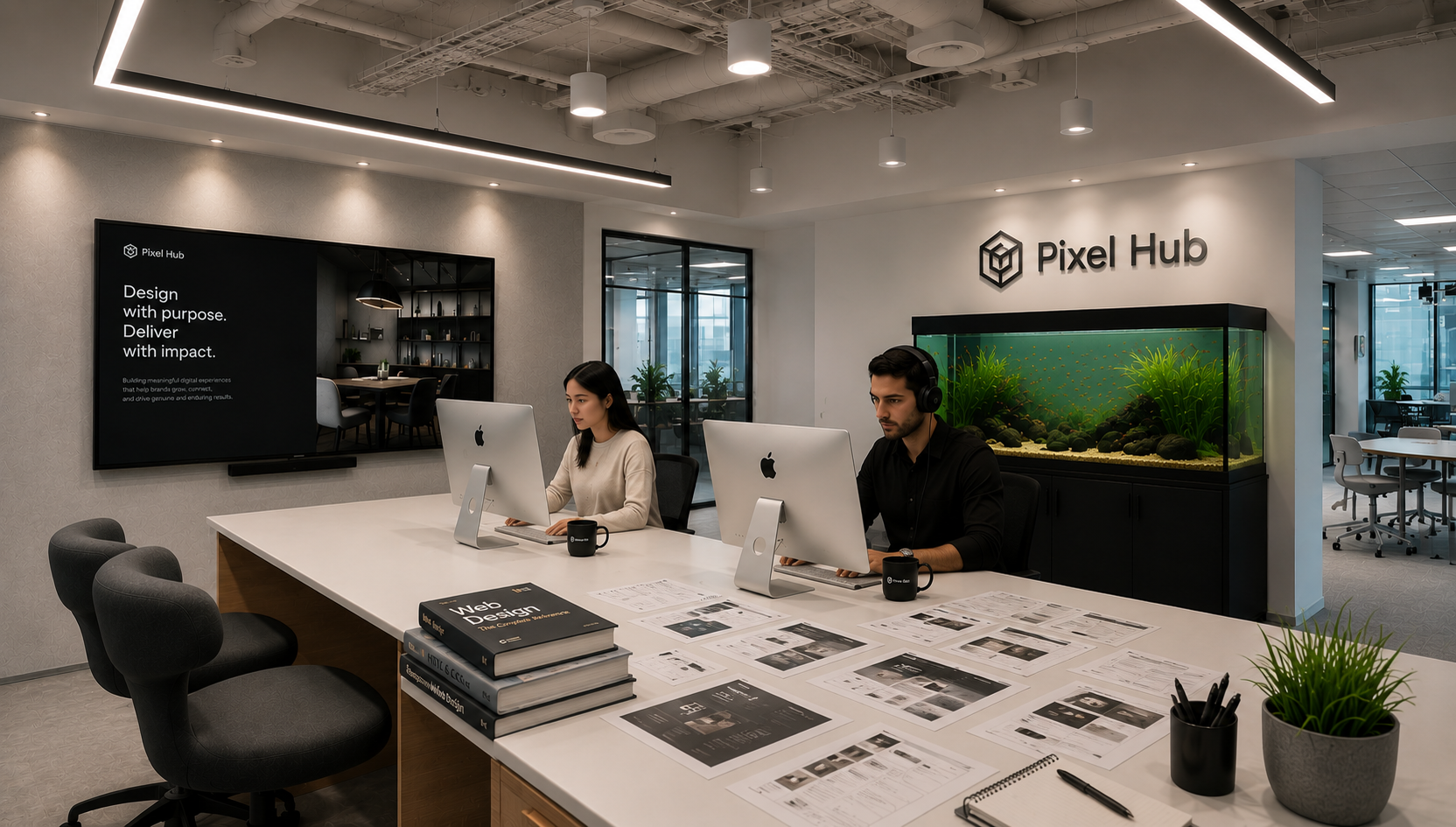 Pixel Hub designers working on website designs in a modern office